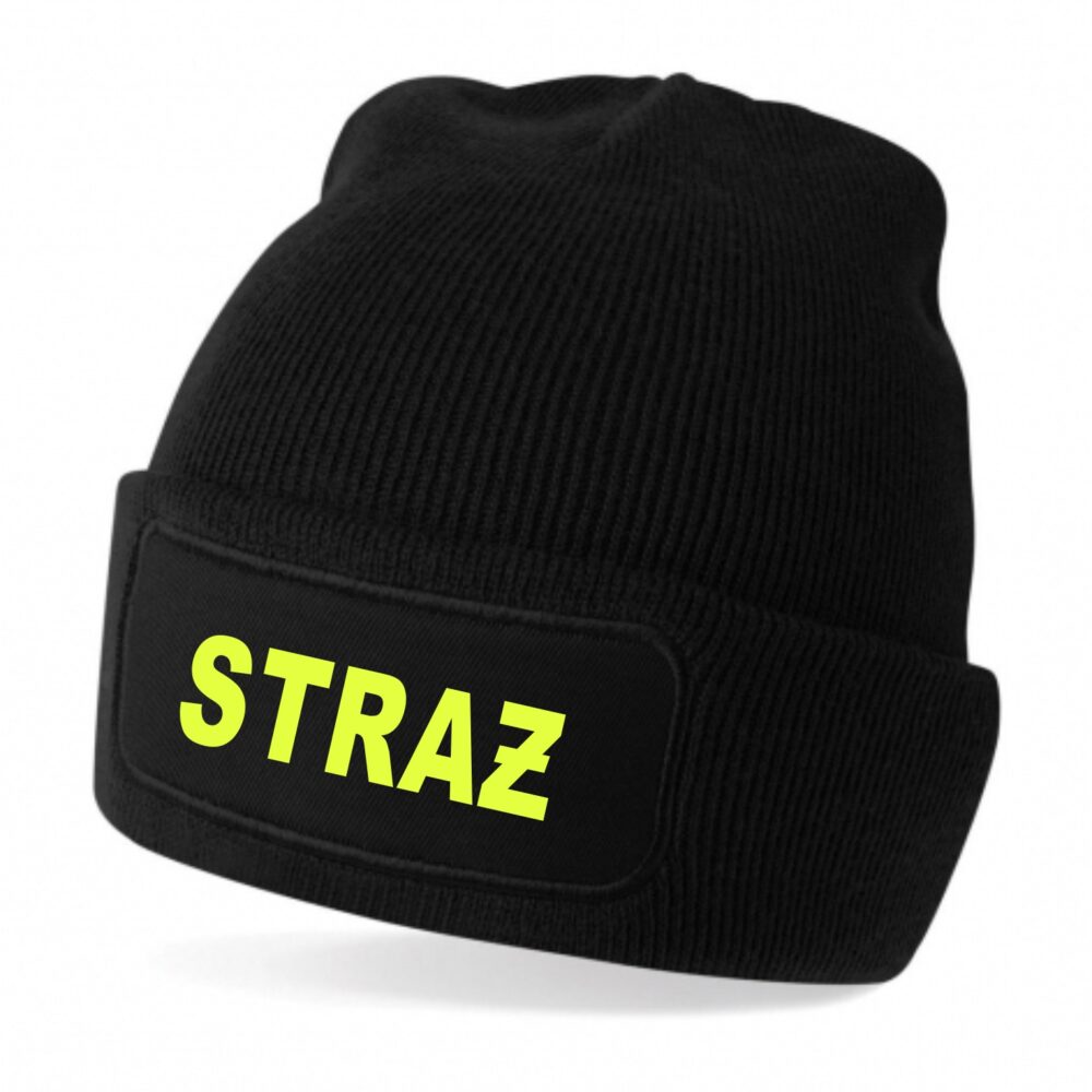 Czapka zimowa czarna z nadrukiem STRAŻ fluo yellow